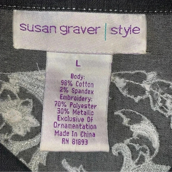 Susan Graver Western Denim Button Up Top Charcoal Gray Metallic Embroidered Sz L - Picture 9 of 10